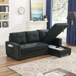 85 in. Black Reversible Sleeper 3-Seat Sectional Sofa Full Sofa Bed with Storage Square Arm Nailheaded by Z-joyee -Cheap Z-joyee Store black z joyee sofa beds p q202200298 44 1000