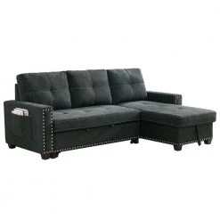 85 in. Black Reversible Sleeper 3-Seat Sectional Sofa Full Sofa Bed with Storage Square Arm Nailheaded by Z-joyee