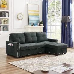 85 in. Black Reversible Sleeper 3-Seat Sectional Sofa Full Sofa Bed with Storage Square Arm Nailheaded by Z-joyee -Cheap Z-joyee Store black z joyee sofa beds p q202200298 76 1000