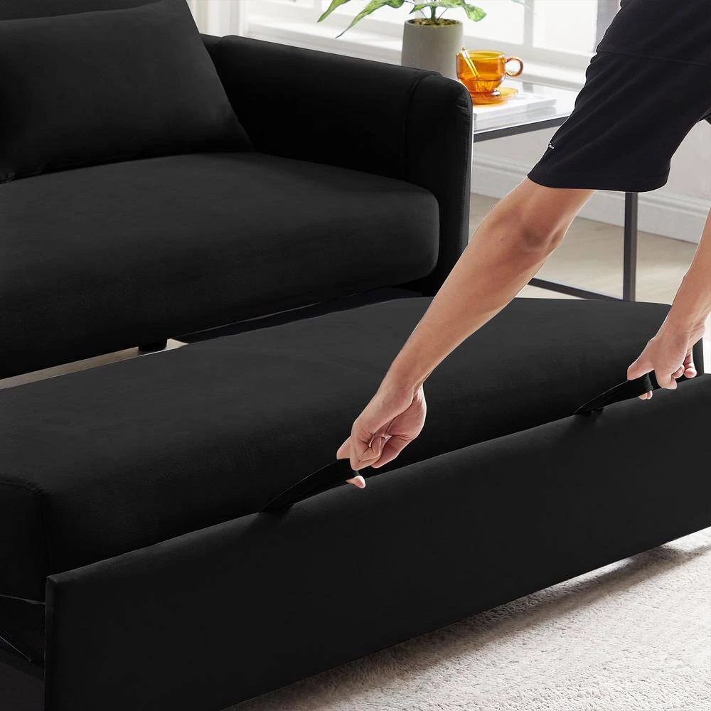 59.5 in. Black Velvet Twin Size Modern Convertible Sofa Bed Velvet Loveseat Sofa with Pull Out Bed by Z-joyee 5 59.5 in. Black Velvet Twin Size Modern Convertible Sofa Bed Velvet Loveseat Sofa with Pull Out Bed by Z-joyee - Image 5