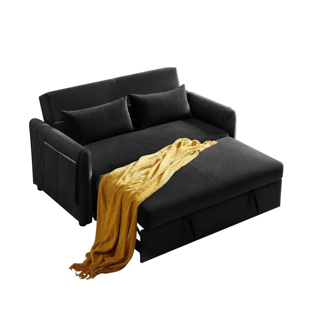 59.5 in. Black Velvet Twin Size Modern Convertible Sofa Bed Velvet Loveseat Sofa with Pull Out Bed by Z-joyee 3 59.5 in. Black Velvet Twin Size Modern Convertible Sofa Bed Velvet Loveseat Sofa with Pull Out Bed by Z-joyee - Image 3