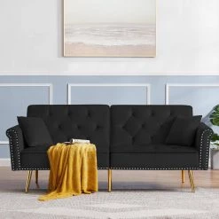 76.7 in. Black Velvet Twin Sleeper Size Sofa Bed Tufted Sofa Couch with 2 Pillows and Nailhead Trim by Z-joyee -Cheap Z-joyee Store black z joyee sofa beds p s202200364 31 1000