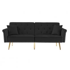 76.7 in. Black Velvet Twin Sleeper Size Sofa Bed Tufted Sofa Couch with 2 Pillows and Nailhead Trim by Z-joyee