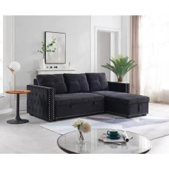 91 in. Black Velvet Reversible Sleeper 3 Seat Sectional Sofa Corner Full Sofa Bed with Storage Square Arm Nailheaded by Z-joyee -Cheap Z-joyee Store black z joyee sofa beds p s202200432 31 1000