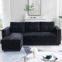 91 in. Black Velvet Reversible Sleeper 3 Seat Sectional Sofa Corner Full Sofa Bed with Storage Square Arm Nailheaded by Z-joyee -Cheap Z-joyee Store black z joyee sofa beds p s202200432 44 1000