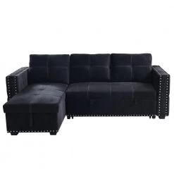 91 in. Black Velvet Reversible Sleeper 3 Seat Sectional Sofa Corner Full Sofa Bed with Storage Square Arm Nailheaded by Z-joyee