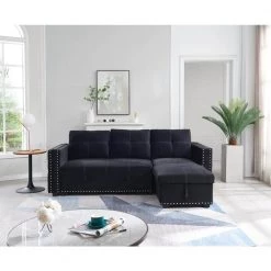 91 in. Black Velvet Reversible Sleeper 3 Seat Sectional Sofa Corner Full Sofa Bed with Storage Square Arm Nailheaded by Z-joyee -Cheap Z-joyee Store black z joyee sofa beds p s202200432 c3 1000