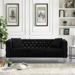 82.3 in. Square Arm Velvet Mid-Century Modern Straight 3-Seats Sofa in Black with 2-Pillows by Z-joyee -Cheap Z-joyee Store black z joyee sofas couches p q202200284 31 1000