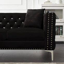 82.3 in. Square Arm Velvet Mid-Century Modern Straight 3-Seats Sofa in Black with 2-Pillows by Z-joyee -Cheap Z-joyee Store black z joyee sofas couches p q202200284 4f 1000
