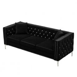 82.3 in. Square Arm Velvet Mid-Century Modern Straight 3-Seats Sofa in Black with 2-Pillows by Z-joyee