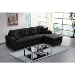 96 in. Square Arm Polyester Modern L Shaped 4-Seats Sofa with 2-Pillows in Black by Z-joyee -Cheap Z-joyee Store black z joyee sofas couches p s202200243 31 1000