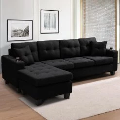 96 in. Square Arm Polyester Modern L Shaped 4-Seats Sofa with 2-Pillows in Black by Z-joyee -Cheap Z-joyee Store black z joyee sofas couches p s202200243 4f 1000