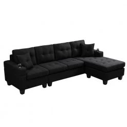 96 in. Square Arm Polyester Modern L Shaped 4-Seats Sofa with 2-Pillows in Black by Z-joyee