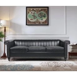 82.5 in. Square Arm Faux Leather Traditional Straight 3-Seater Sofa in Black by Z-joyee -Cheap Z-joyee Store black z joyee sofas couches p s202200325 31 1000