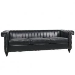 82.5 in. Square Arm Faux Leather Traditional Straight 3-Seater Sofa in Black by Z-joyee