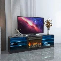 78.74 in. Black Stand with Electric Fireplace Fits TV's up to 85 in. by Z-joyee -Cheap Z-joyee Store black z joyee tv stands f fb857215401 31 1000
