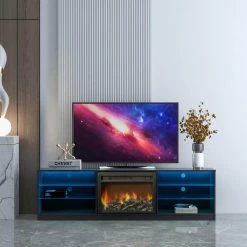 78.74 in. Black Stand with Electric Fireplace Fits TV's up to 85 in. by Z-joyee -Cheap Z-joyee Store black z joyee tv stands f fb857215401 76 1000