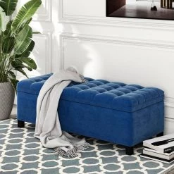 Blue Upholstered Flip Top Storage Bench with Button Tufted Top 46.5 in. W x 16.1 in. H x 20.1 in. D by Z-joyee -Cheap Z-joyee Store blue z joyee bedroom benches ly 280924aav 31 1000
