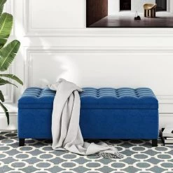 Blue Upholstered Flip Top Storage Bench with Button Tufted Top 46.5 in. W x 16.1 in. H x 20.1 in. D by Z-joyee -Cheap Z-joyee Store blue z joyee bedroom benches ly 280924aav c3 1000