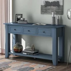 55 in. Blue Standard Rectangle Wood Console Table with 3-Drawers by Z-joyee -Cheap Z-joyee Store blue z joyee console tables f fb857219928 31 1000