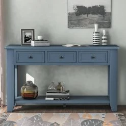 55 in. Blue Standard Rectangle Wood Console Table with 3-Drawers by Z-joyee -Cheap Z-joyee Store blue z joyee console tables f fb857219928 fa 1000