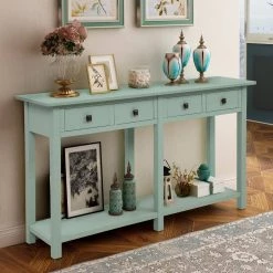59 in. Blue Standard Rectangle Wood Console Table with Drawer and Bottom Shelf by Z-joyee -Cheap Z-joyee Store blue z joyee console tables f fb857221686 76 1000