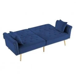 76.7 in. Blue Velvet 2-Seats Loveseats Sofa Futon Sofa Bed Tufted Sofa Couch with 2 Pillows and Nailhead Trim by Z-joyee -Cheap Z-joyee Store blue z joyee loveseats p s202200362 44 1000