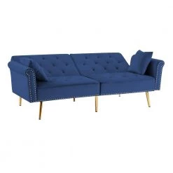 76.7 in. Blue Velvet 2-Seats Loveseats Sofa Futon Sofa Bed Tufted Sofa Couch with 2 Pillows and Nailhead Trim by Z-joyee -Cheap Z-joyee Store blue z joyee loveseats p s202200362 4f 1000