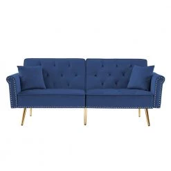 76.7 in. Blue Velvet 2-Seats Loveseats Sofa Futon Sofa Bed Tufted Sofa Couch with 2 Pillows and Nailhead Trim by Z-joyee