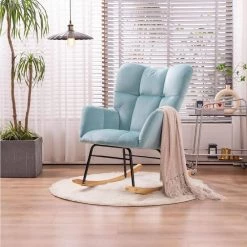 Blue Velvet Tufted Upholstered Mid Century Modern Rocking Chair Padded Seat by Z-joyee -Cheap Z-joyee Store blue z joyee rockers gliders ottomans p q202200072 31 1000