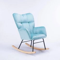 Blue Velvet Tufted Upholstered Mid Century Modern Rocking Chair Padded Seat by Z-joyee -Cheap Z-joyee Store blue z joyee rockers gliders ottomans p q202200072 c3 1000