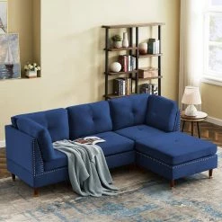 88.58 in. Square Arm 3-Piece L-Shaped Velvet Modern Sectional Sofa Couch in Blue with Ottoman by Z-joyee -Cheap Z-joyee Store blue z joyee sectional sofas ljp s202200030 31 1000