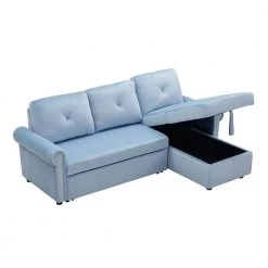 83 in. Round Arm Velvet L Shaped Sleeper Sofa Bed Convertible Sectional Couch with Storage Chaise in Blue by Z-joyee -Cheap Z-joyee Store blue z joyee sofas couches p q202200368 1f 1000