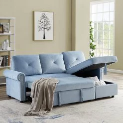 83 in. Round Arm Velvet L Shaped Sleeper Sofa Bed Convertible Sectional Couch with Storage Chaise in Blue by Z-joyee -Cheap Z-joyee Store blue z joyee sofas couches p q202200368 31 1000
