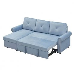 83 in. Round Arm Velvet L Shaped Sleeper Sofa Bed Convertible Sectional Couch with Storage Chaise in Blue by Z-joyee -Cheap Z-joyee Store blue z joyee sofas couches p q202200368 4f 1000