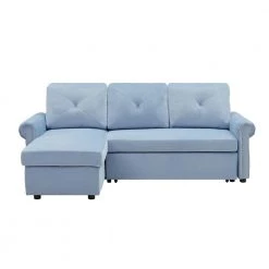 83 in. Round Arm Velvet L Shaped Sleeper Sofa Bed Convertible Sectional Couch with Storage Chaise in Blue by Z-joyee