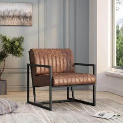 26 in. W Brown Faux Leather Steel Arm Chair (Set of 1) by Z-joyee -Cheap Z-joyee Store brown z joyee accent chairs bd hw24002857 31 1000