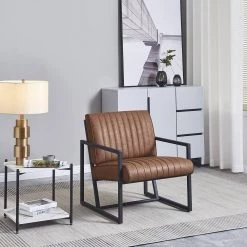 26 in. W Brown Faux Leather Steel Arm Chair (Set of 1) by Z-joyee -Cheap Z-joyee Store brown z joyee accent chairs bd hw24002857 fa 1000