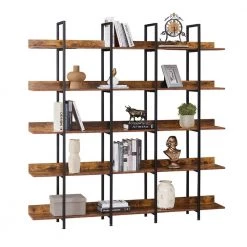 70.87 in. Brown Metal 5 Shelf Standard Bookcase with Wood Shelf by Z-joyee -Cheap Z-joyee Store brown z joyee bookcases bookshelves ly wf286176aat 44 1000