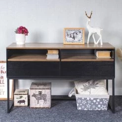 47 in. Brown Particle Board Rectangle Metal Frame Console Table with 2-Drawers and Storage Shelf by Z-joyee -Cheap Z-joyee Store brown z joyee console tables f fb857220689 31 1000