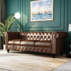 88.2 in. Round Arm PU Leather Chesterfield Straight Sofa in Brown by Z-joyee -Cheap Z-joyee Store brown z joyee sofas couches p s202200116 4f 1000
