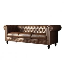88.2 in. Round Arm PU Leather Chesterfield Straight Sofa in Brown by Z-joyee