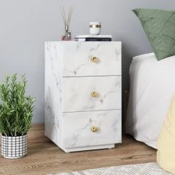 3-Drawer Cream White Nightstand Tempered Glass Marble Texture Bedside Table 23.62 in. X 13.77 in. X 13.77 in. by Z-joyee -Cheap Z-joyee Store cream white z joyee nightstands p q202200149 31 1000