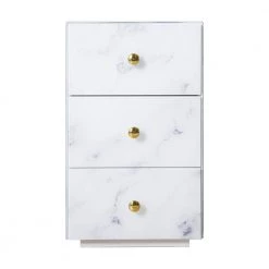 3-Drawer Cream White Nightstand Tempered Glass Marble Texture Bedside Table 23.62 in. X 13.77 in. X 13.77 in. by Z-joyee