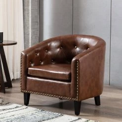 Dark Brown PU Leather Side Chair Tufted Barrel Chair Tub Chair for Living Room Set of 1 by Z-joyee -Cheap Z-joyee Store dark brown z joyee accent chairs ljp w202200004 31 1000