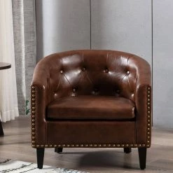 Dark Brown PU Leather Side Chair Tufted Barrel Chair Tub Chair for Living Room Set of 1 by Z-joyee -Cheap Z-joyee Store dark brown z joyee accent chairs ljp w202200004 4f 1000