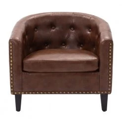 Dark Brown PU Leather Side Chair Tufted Barrel Chair Tub Chair for Living Room Set of 1 by Z-joyee
