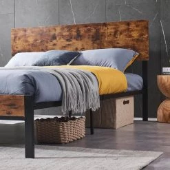 Metal Dark Brown Full Size Platform Bed with Wooden Headboard by Z-joyee -Cheap Z-joyee Store dark brown z joyee platform beds f fb857219898 fa 1000