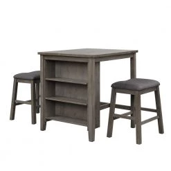 3-Piece Wood Top Dark Gray Square Dining Table with Padded Stools Table Set with Storage Shelf by Z-joyee