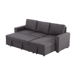 83 in. Square Arm 3-Pieces Linen L-Shape Reversible Sectional Sofa Storage Chaise in Dark Gray Pull Out Sleeper Sofa by Z-joyee